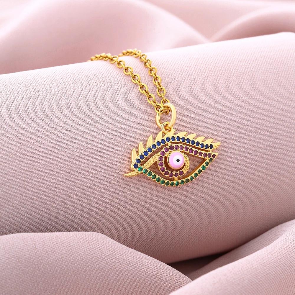 

Медное инкрустированное циркониевое ожерелье, женское эмалированное турецкое ожерелье со злыми глазами, женское очарование, модное ожерелье-цепочка из нержавеющей стали, ювелирные изделия Pink Eyes45cm