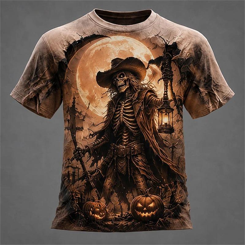 New Men's Crew-Neck T-Shirt Pumpkin Skeleton and Scarecrow Print Halloween Horror Casual Top Unisex Holiday Party Outfit