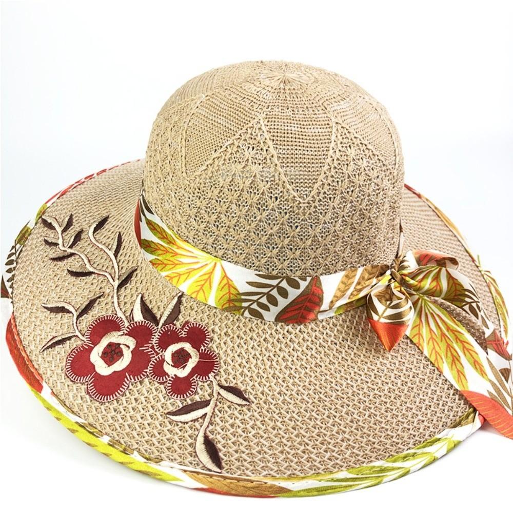 Foldable Flower Embroidery Hat Wide Brim Panama Hat New Straw Beach Cap  Outdoor Casual