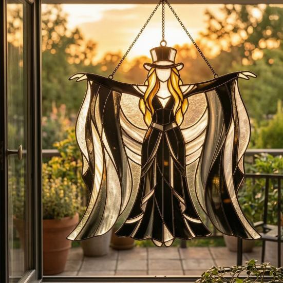 Boho Dancing Lady Suncatcher, Stained Glass Acrylic Hanging Ornament, Mystical Gothic Woman Window Spinner for Indoor Outdoor Decor, Gift