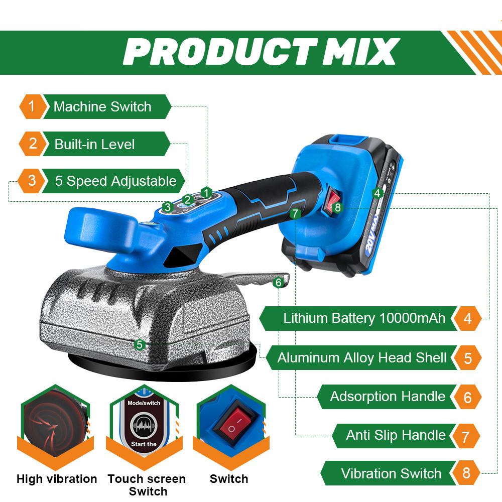 5 Gear Adjustable Tiles Tiling Machine Efficient Cordless Rechargeable Tile Vibrator Suction Cup Tool For 18V Battery