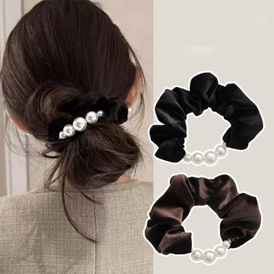 Elegant Coral Fleece Pearls Hair Band For Women Girls Hair Tie Sweet Hair Ornament Scrunchie Hair Rope Fashion Hair Accessories