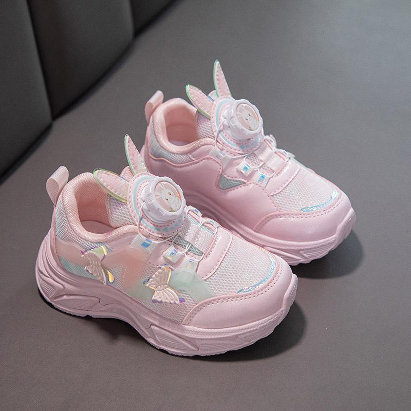 Girls Double Net Sports Shoes 24 Autumn New Primary School Students Casual Shoes Classmates Children Soft Sole Rotating Buckle Running Shoes