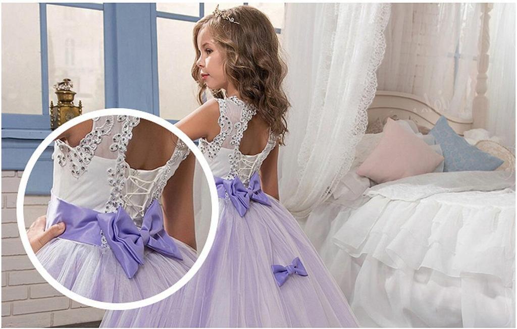 Elegantes Prinzessinnenkleid mit Puffärmeln und Spitze für Mädchen - Formelles Hochzeits-Blumenmädchenkleid mit Schleppe