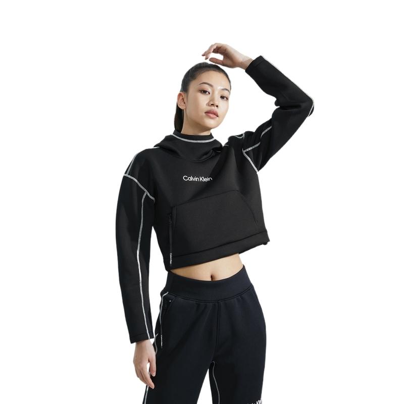 Calvin Klein Reflective Stripe Letter Print Hooded Pullover Sweatshirt Women Tops Space-Black 4WF3W325-001