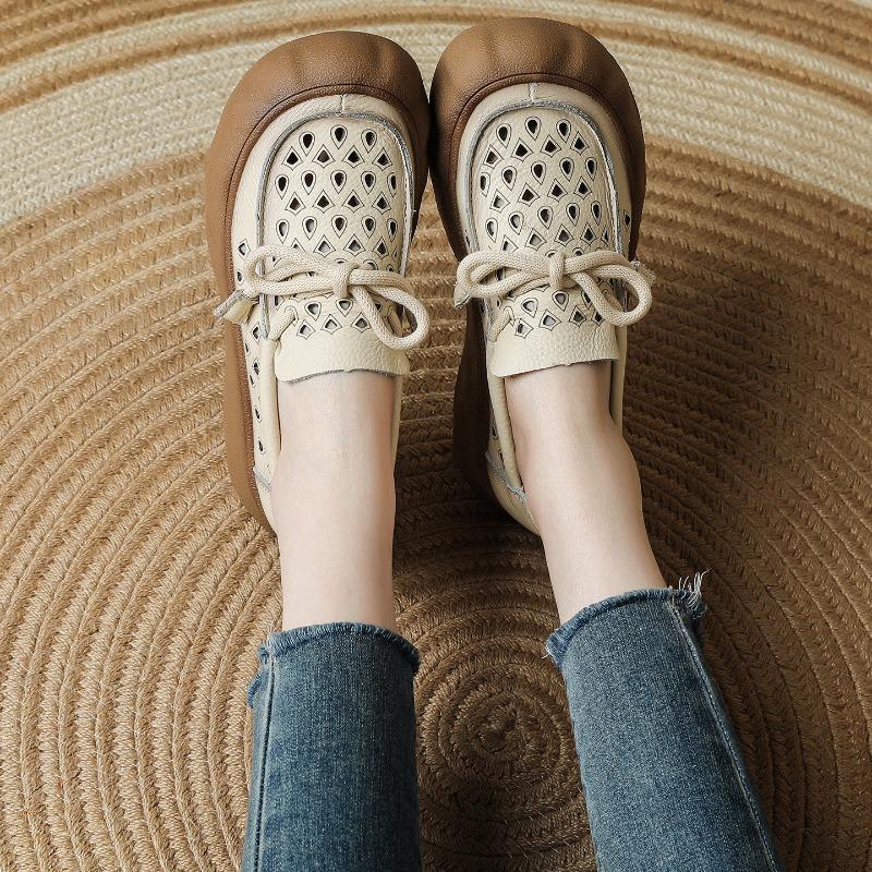 Ganzkalbsleder Sommer Neu Atmungsaktiv Lässig Lochschuhe Hohl Mutter Schuhe Rutschfest Muffin Dicksohlige Ledersandalen Damen