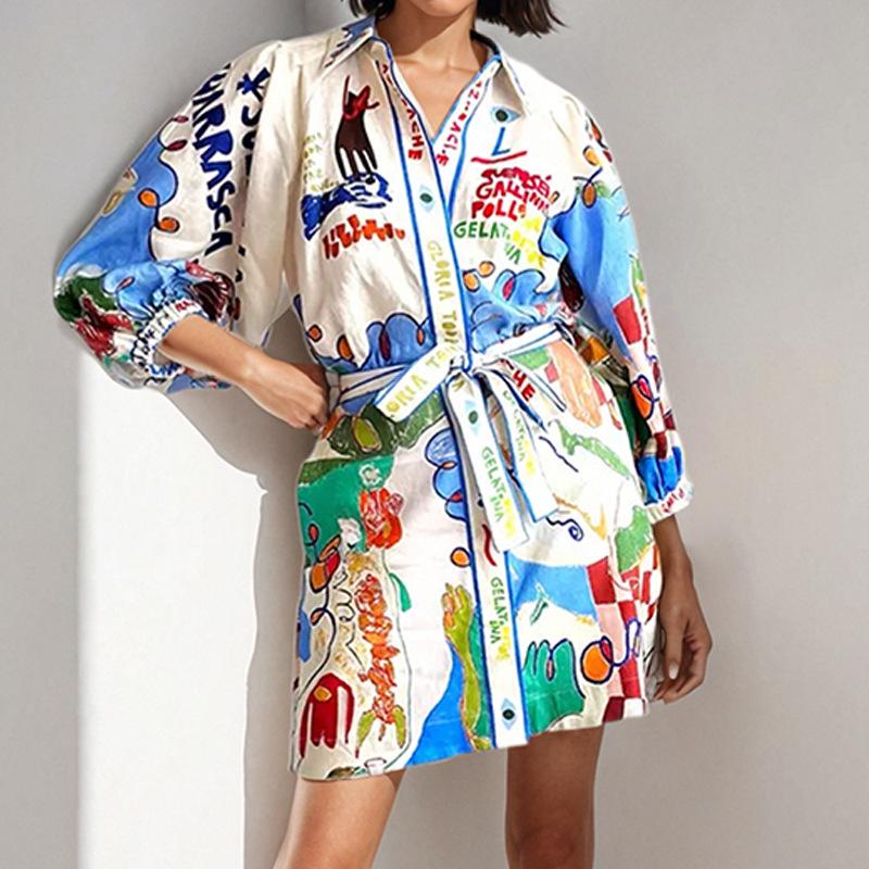Springtime New For Women Clothing Graffiti Printed Temperament Elegant Strap Short Dress