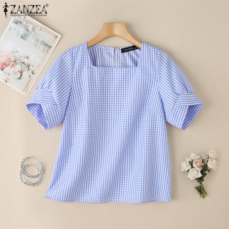 ZANZEA Women Square Collar Short Sleeve Casual Grid Print Blouse