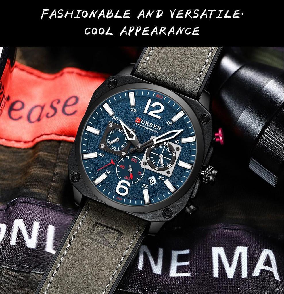 Curren 8398 Men's Multifunctional Leather Strap Calendar Watch