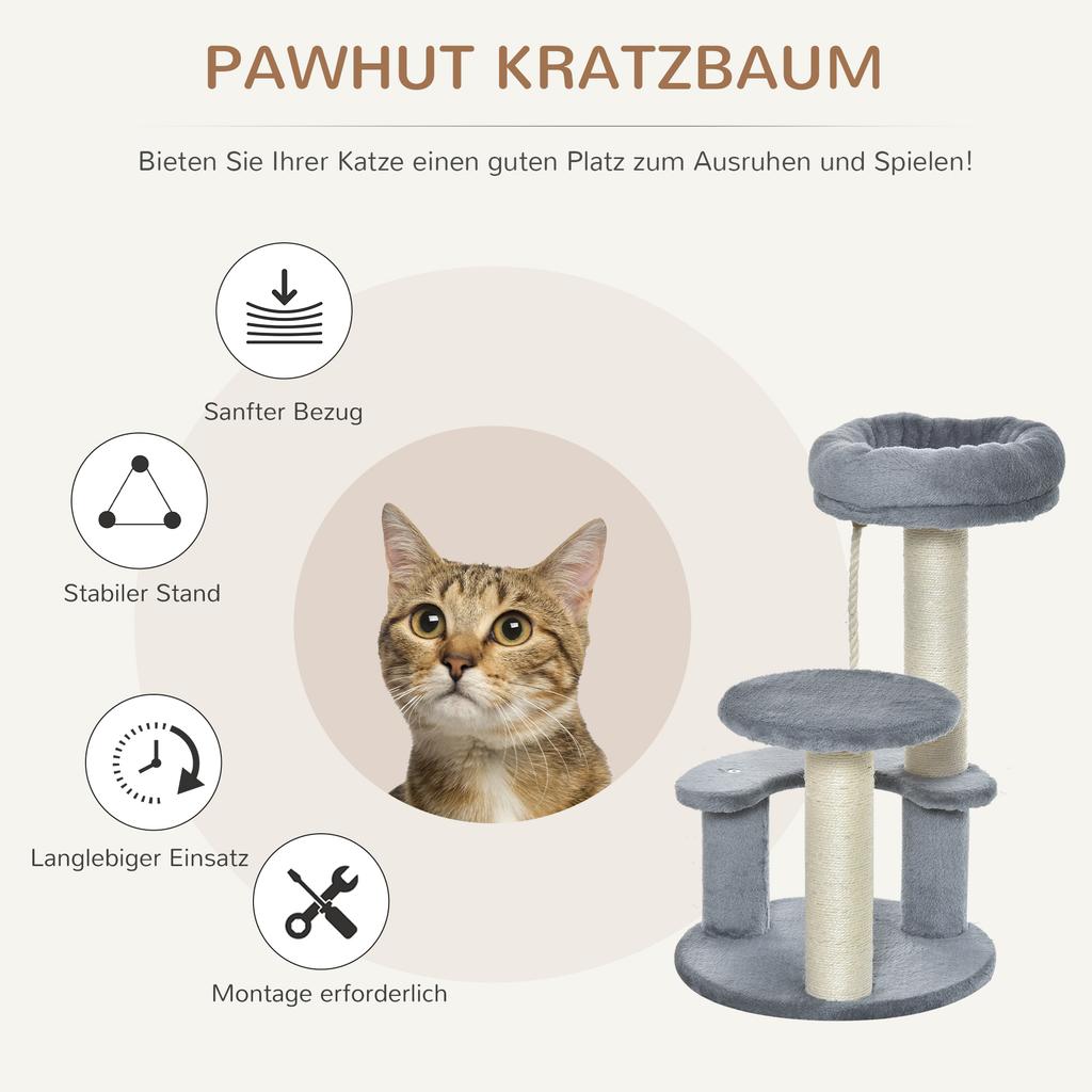 Cat Tree 65 cm Small Cat Tree with Cat Bed, Lounging Platform, Cat Scratching Post with Sisal Posts Cat Furniture for Cats up to 3.5 kg, Gray