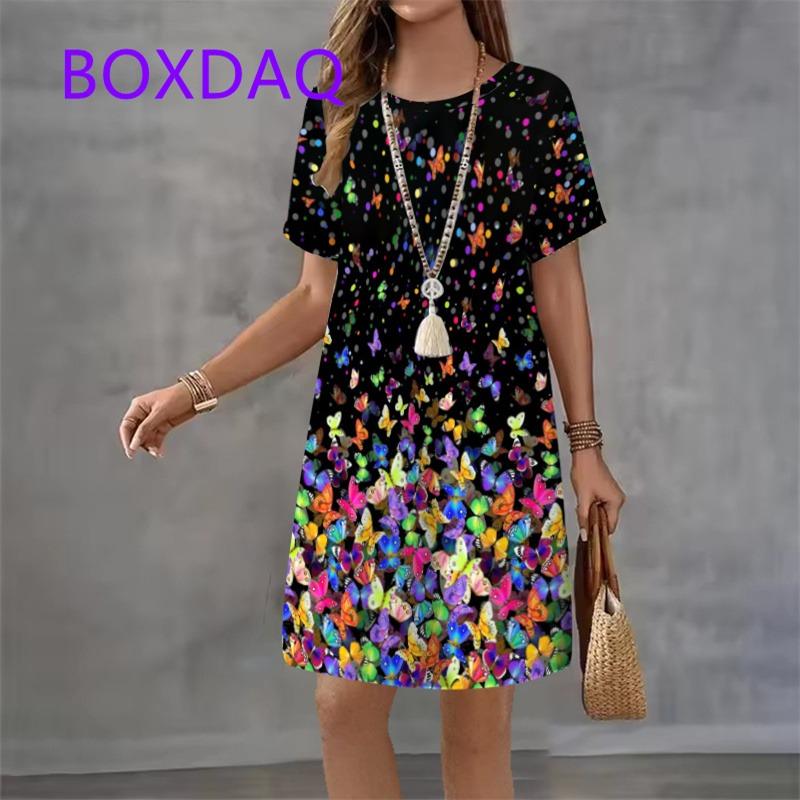 

Fashion Elegant Butterfly Flowers Pattern Women s Dress New Summer Street Flower Print Short Sleeve Loose Casual Mini Dress 2025 XL