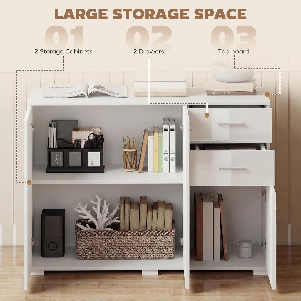 Sideboard, Modern Storage Cabinet with 2 Drawers, 3 Doors and Adjustable Shelves, High Gloss White