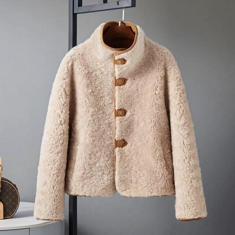 Maillard on both sides, loose stand-up collar, lamb wool coat, women's clothing, sheep shearing short coat, autumn and winter chic