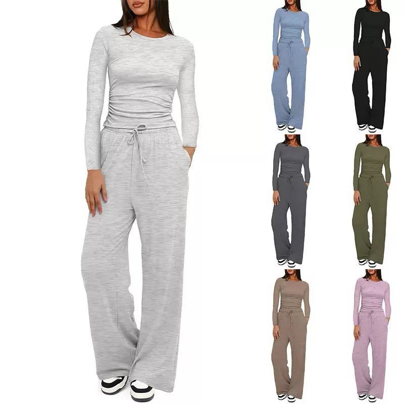 Solid Color Casual Long Sleeve Set Top High Waisted Wide Leg Pants Sportswear