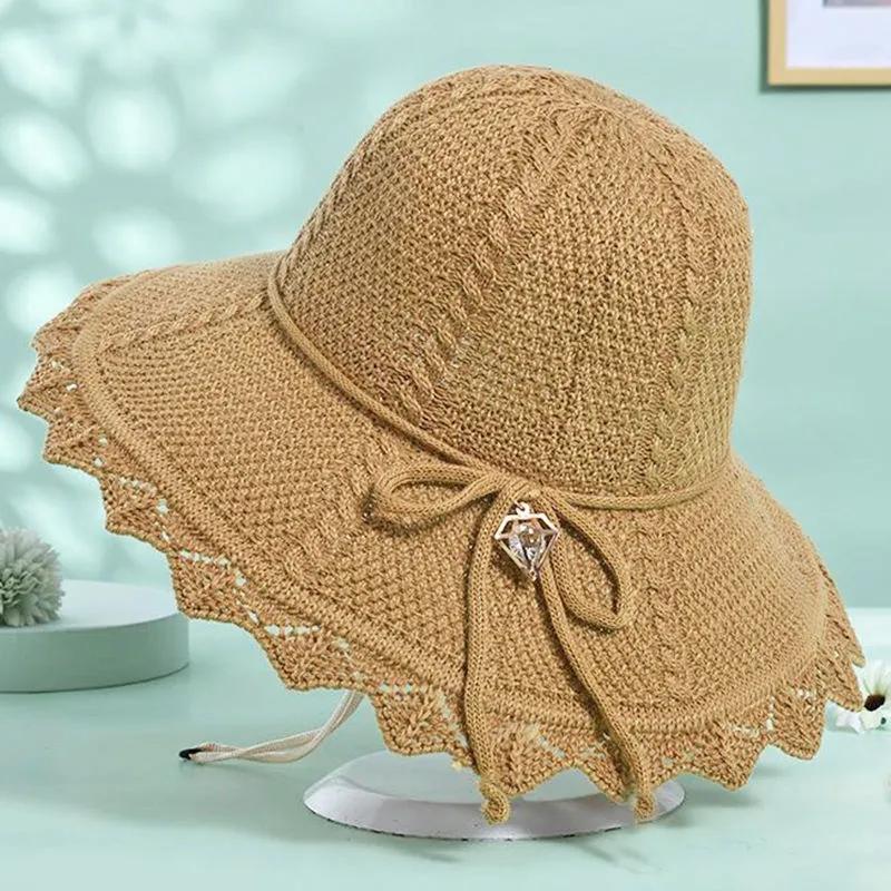 Collapsible Summer Hat for Women Beach Outdoor Straw Hat Large Brim Sunshade Bow Sun Hat
