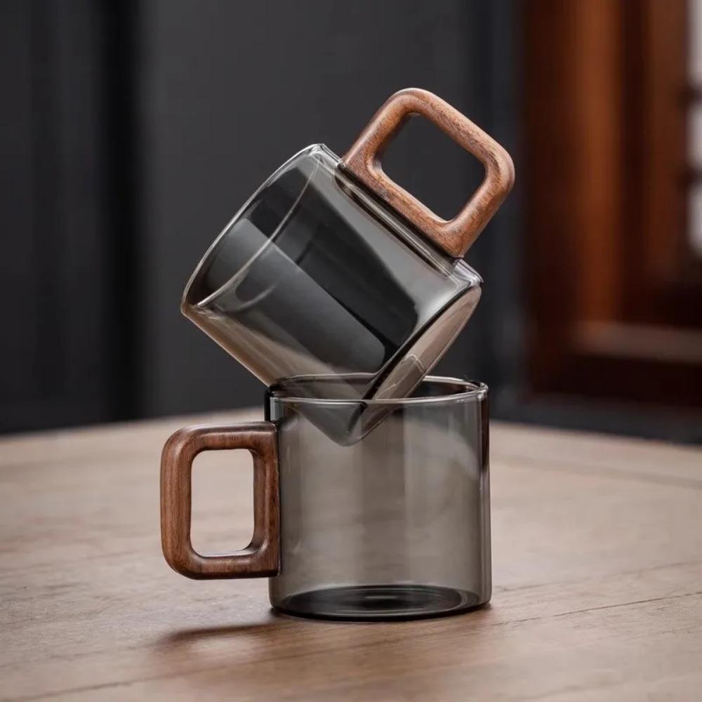 2/4/6pcs Heat-resistant Glass Tea Cup With Walnut Handle 120ml Mini Espresso Cup Set Ground Coffee Mug Glasses Brewing Teaware