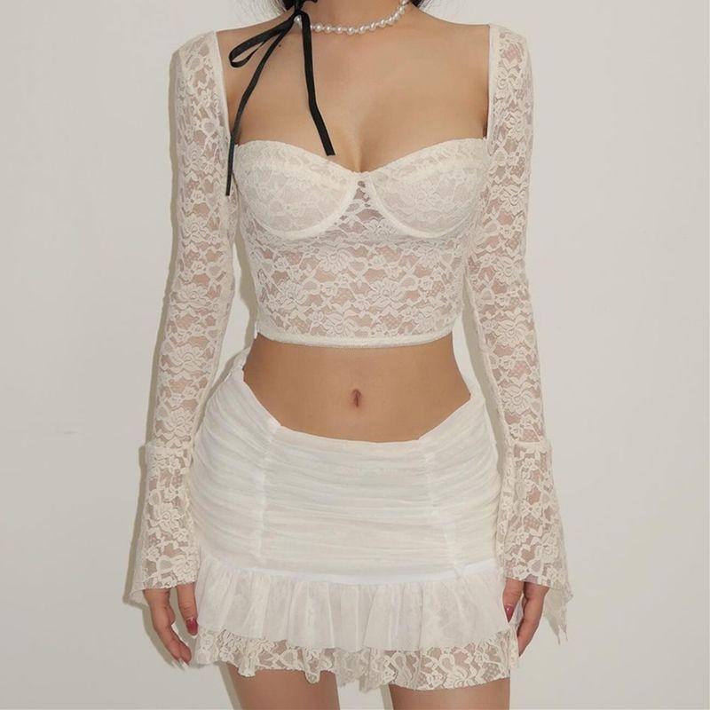 

Французское чистое желание кружево сексуальные топы с низким вырезом и квадратным воротником с длинным рукавом шикарный наряд с оборками и сборками, юбка-мешок на бедрах, женский White(Suit with chest pad) L