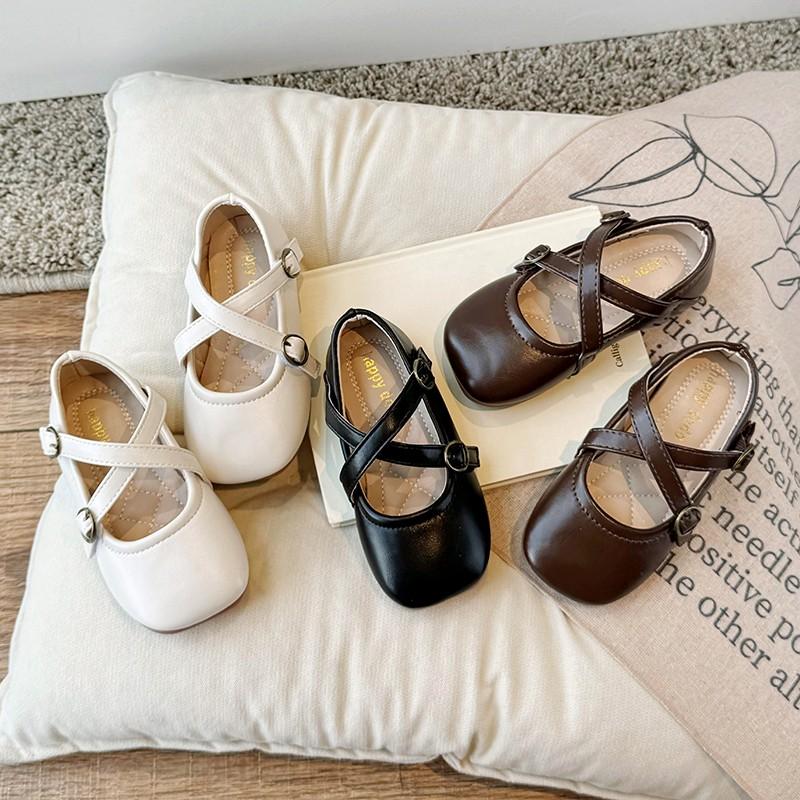 Children Flats Shoes Retro Girls Leather Shoes Soft Soled Little Kids Cross Princess Shoes Anti-Slippery 2024 Spring Autumn New