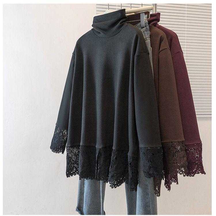 Plus Size German Velvet Lace Long Sleeve High Neck Top - Women's Slimming Autumn Winter Outerwear Shirt