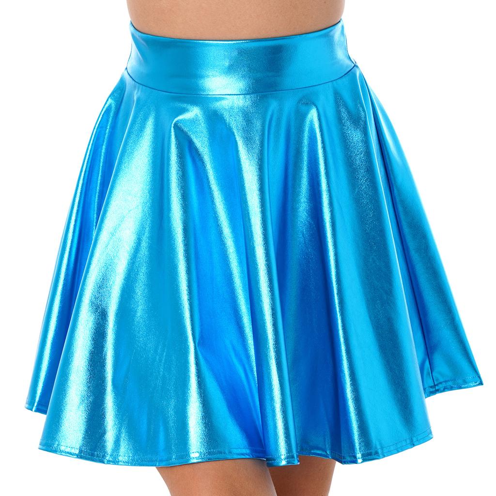 Womens Shiny Metallic Ruffle Glossy Mini Skirts Punk Party Clubwear Streetwear High Waist Flare Skirt Rave Cocktail Costume