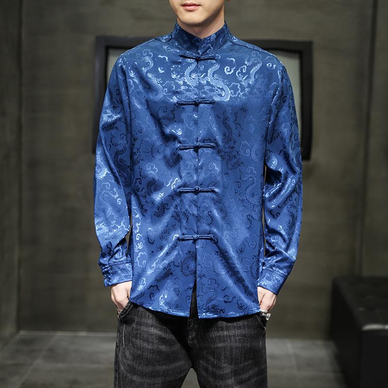 

Men Satin Mandarin Collar Silk Shirts Collar Chinese Dress Shirt Large Size with Dragon Red New Year Clothes Oversize 5XL темно-синього кольору
