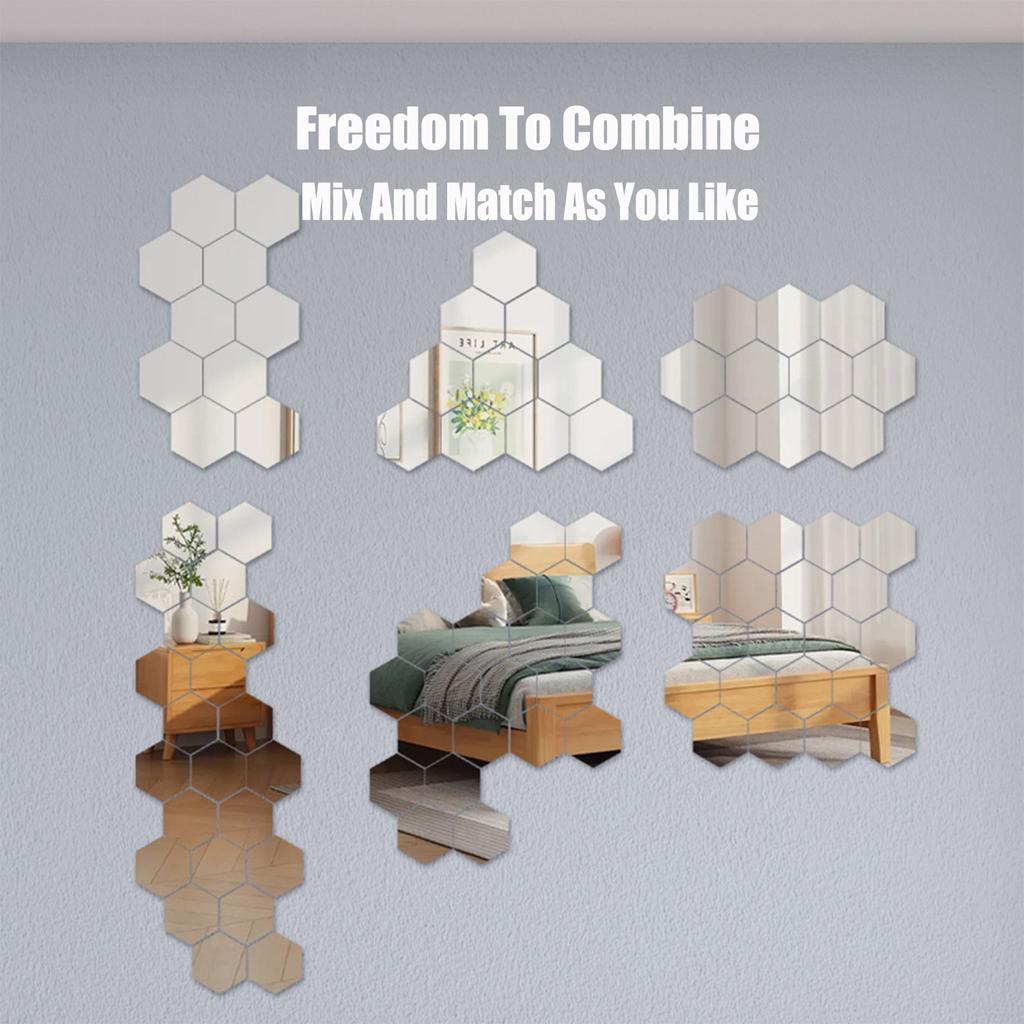 5-20Pcs Silver Hexagon Art Mirror Acrylic Wall Stickers with for DIY Home Art Bedroom Living Room Wall Decoration Diameter 4.6cm-23cm