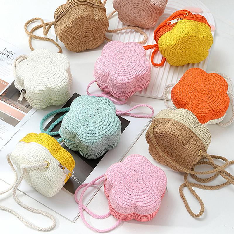 Handmade Kids Girls Shoulder Bag Flower Straw Baby Bags Messenger Bag Children Keys Coin Purse Cute Princess Mini Handbag