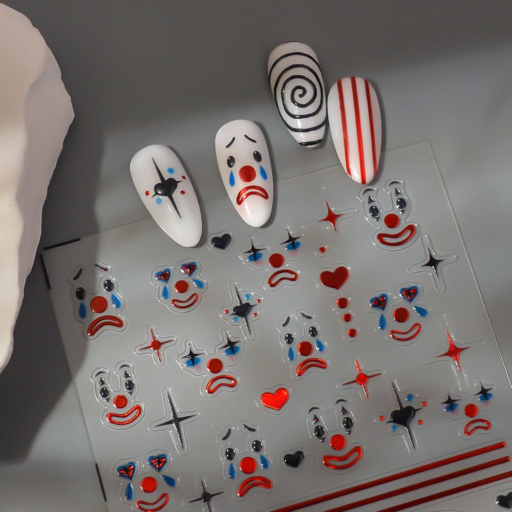 Dark Style Halloween Clown Face Nail Stickers - Embossed Jelly Design