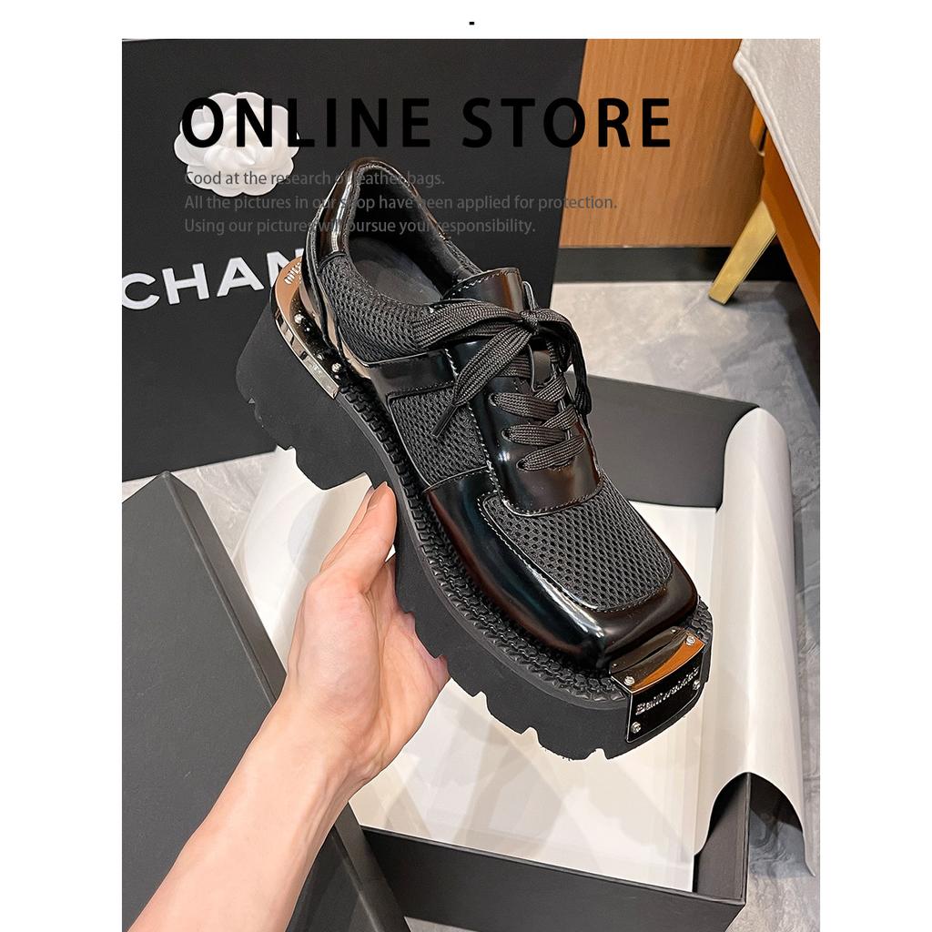 Silver lace-up small leather shoes women's thick heels and thick soles increase height Wasteland style personality derby shoes metal decoration supe