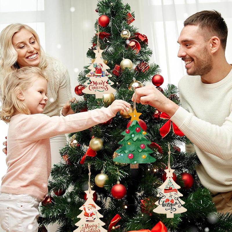 5-20pcs Unfinished Christmas Tree Ornaments with Wooden Base Ropes Kids Painting Crafts DIY Blank Xmas Tree Sign Home Decoration