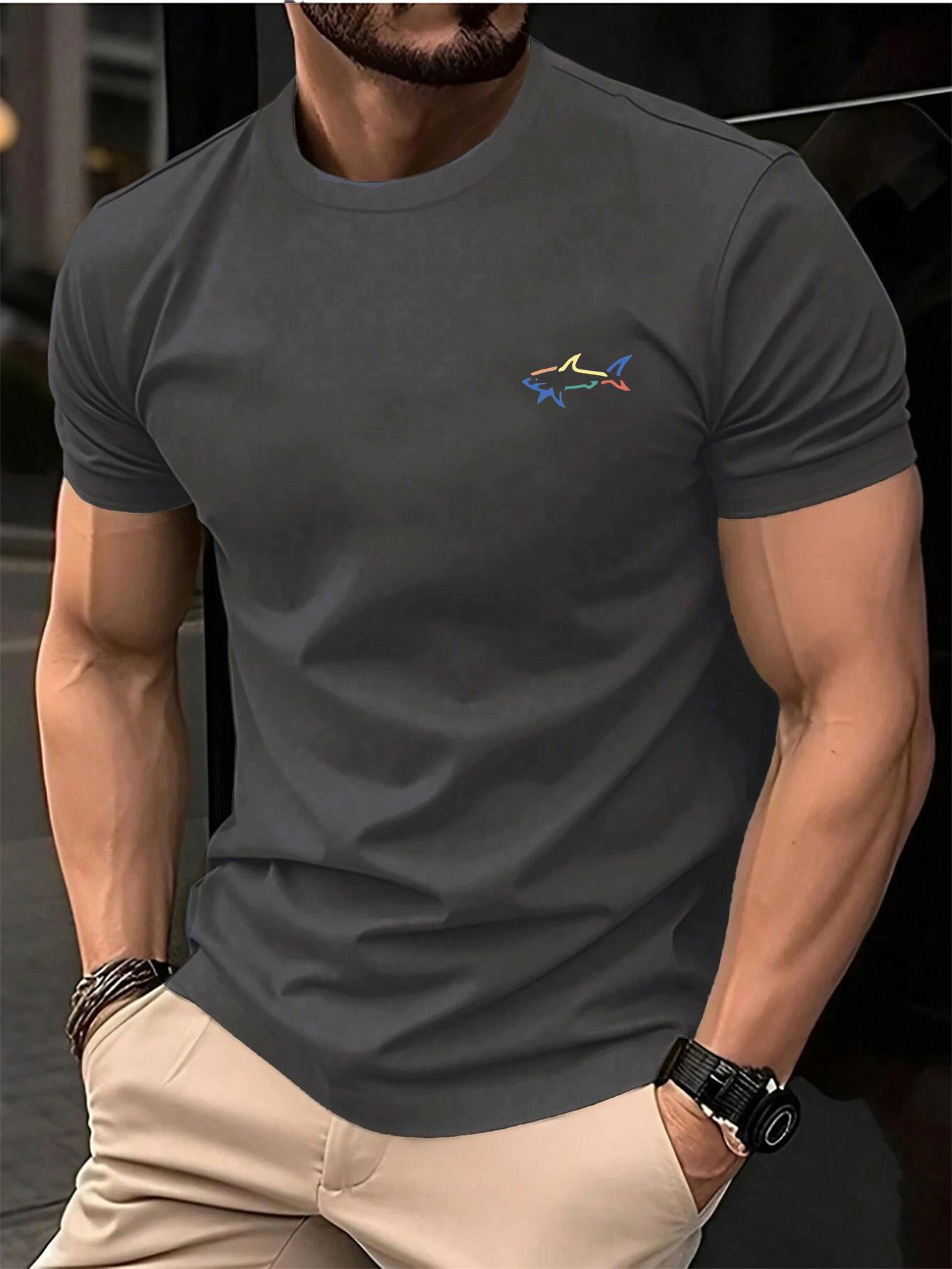 Herren Sommer 100% Baumwolle modisch lässig locker Sport modisch Haifischmuster bedruckt Rundhals kurzärmlig T-Shirt Top XL black