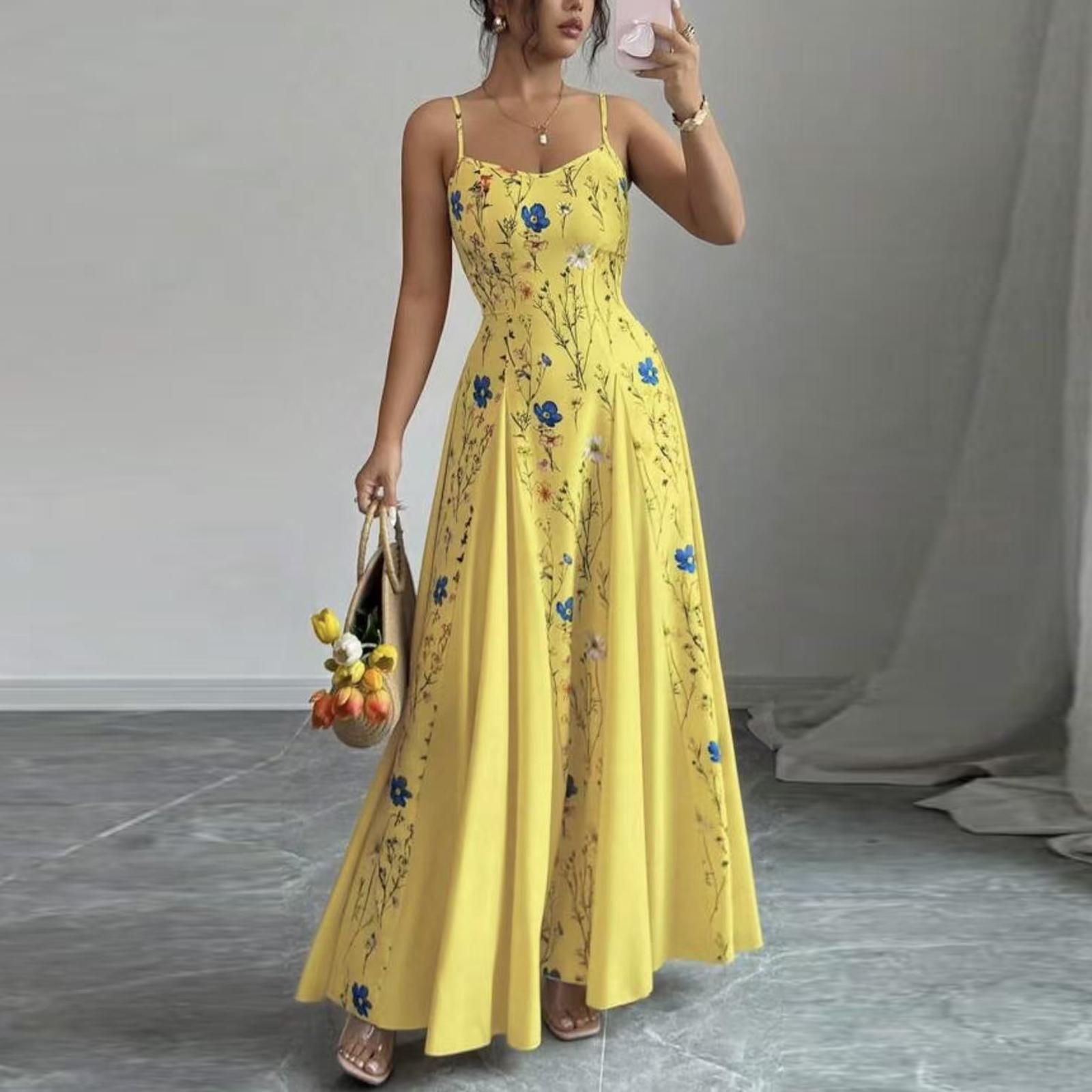 

Women s Sleeveless Floral Print Spaghetti Strap Dress with Fitted Waist and Flowing Long Skirt for Casual or Daily Wear L жовтий