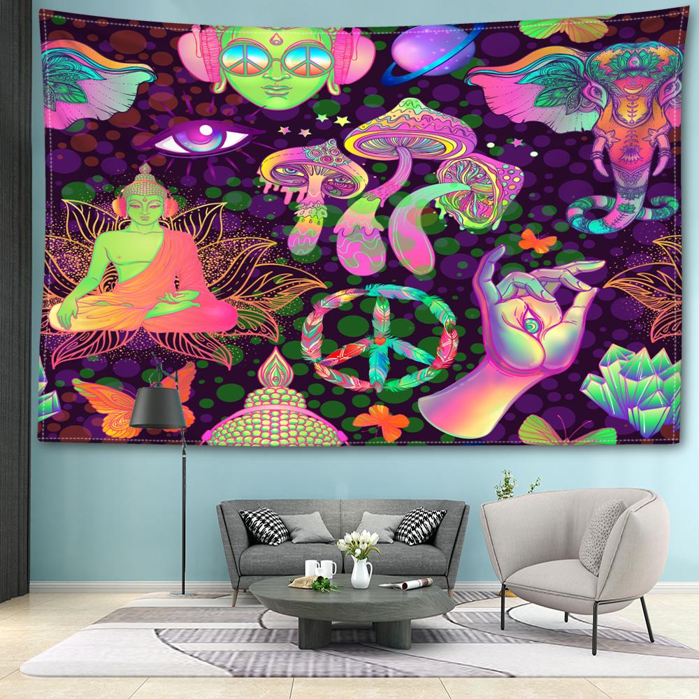 Abstrakte Pilze und Buddha-Statuen Wandteppich Hängen Kunst Hexerei Mysterious Hippie Tapiz Schlafzimmer Wohnkultur