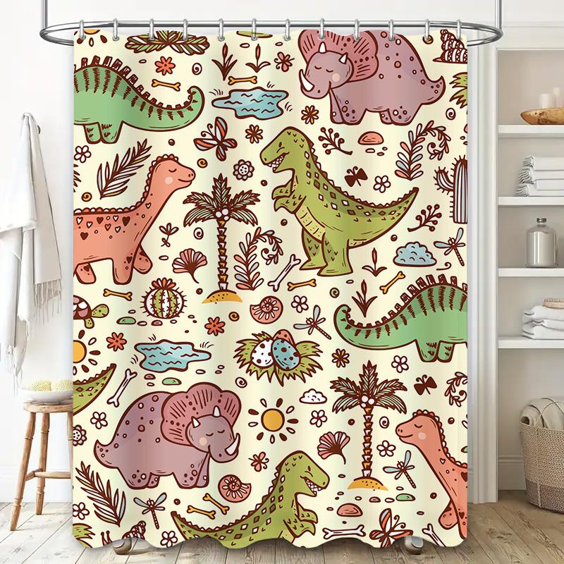 Tapis de bain pour enfants Dinosaure Rideau de douche Animal Cartoon Imprimé Décoration de salle de bain Tissu Imperméable Décoration de la maison Rose Vert Jaune Br