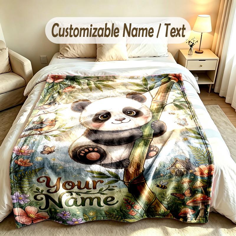 Panda Theme Custom Blanket Personalized Name & Text Customized Soft Warm Throw Blanket Home Decor