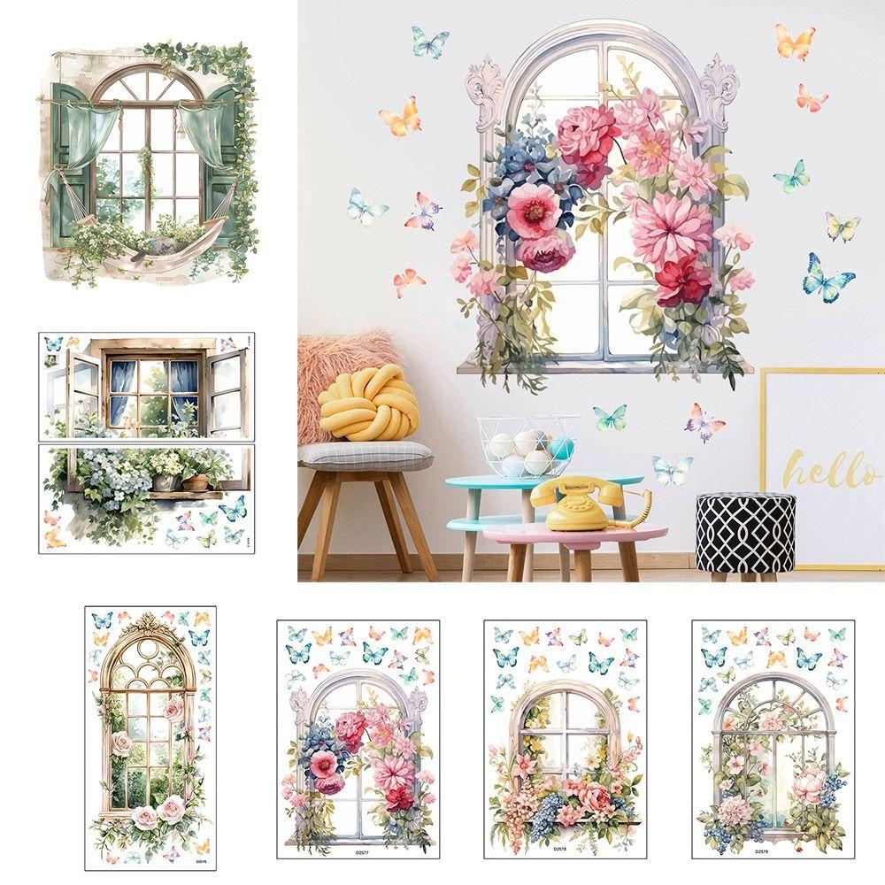 Multicolor Wall Sticker PVC Background Ornament Window View Flowal Stickers Watercolor Self-Adhesive Wallpaper Kids Room