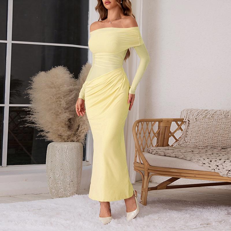 JY summer new long dress, European and American style temperament sexy one-word shoulder mesh hollow dress women