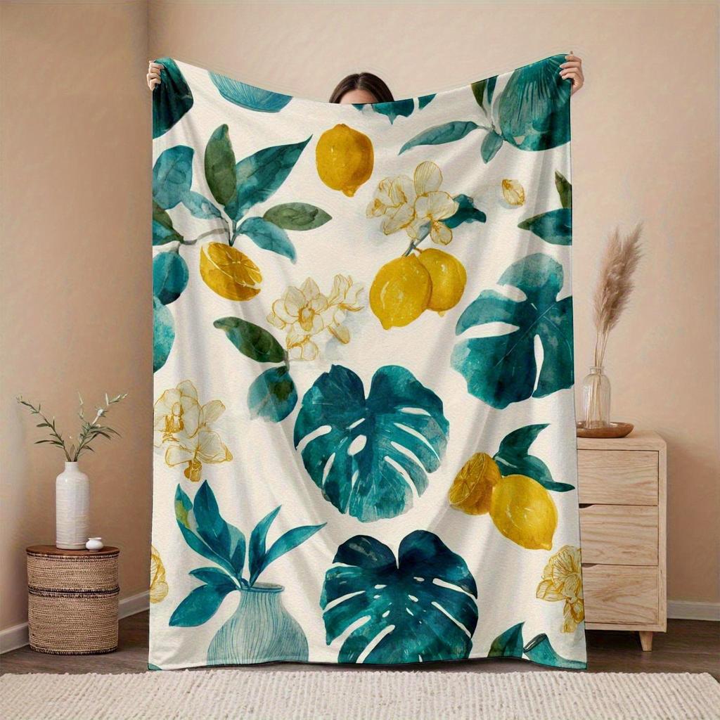 1pc lemon green leaf floral pattern blanket, polyester fabric, machine washable, suitable for bedroom living room decoration