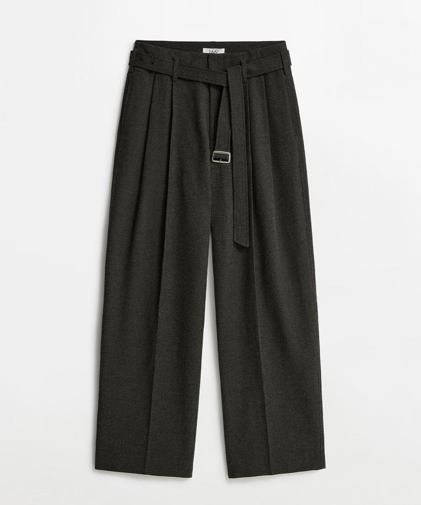 LMOOD Inversion Wool Cotton Belted Slacks Charcoal Brown