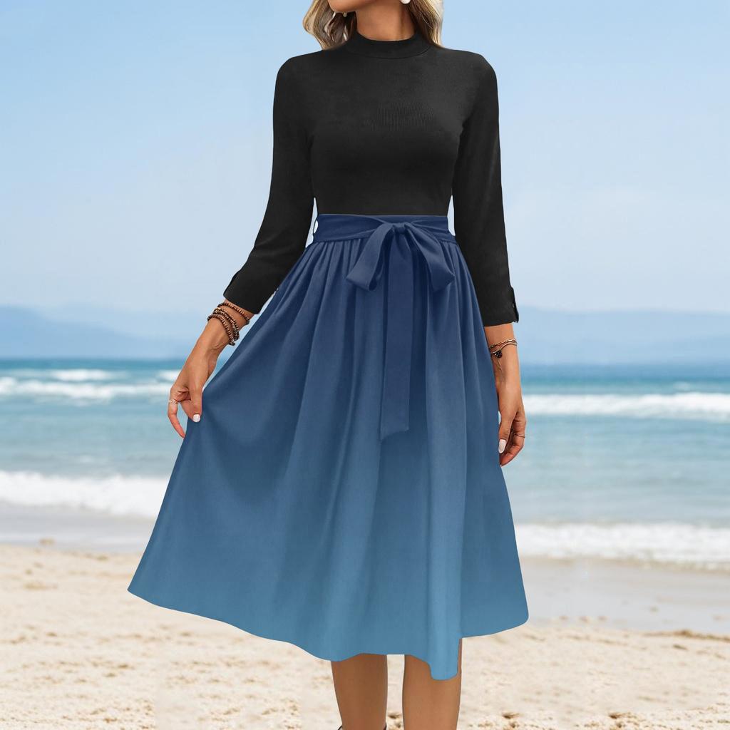 Women's Fashion Casual Belt Seven Sleeve Round Neck Gradient Temperament Dresses