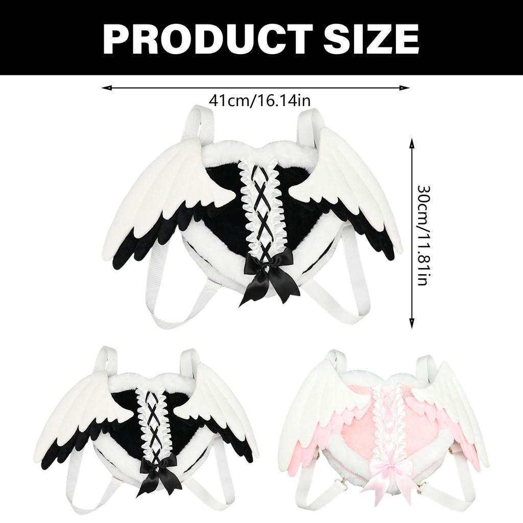 Y2K Angel Heart Backpack Bag Plush Fashion Shoulders Bag with Detachable Angel Wing for Daily Travel Cosplay Props Bag