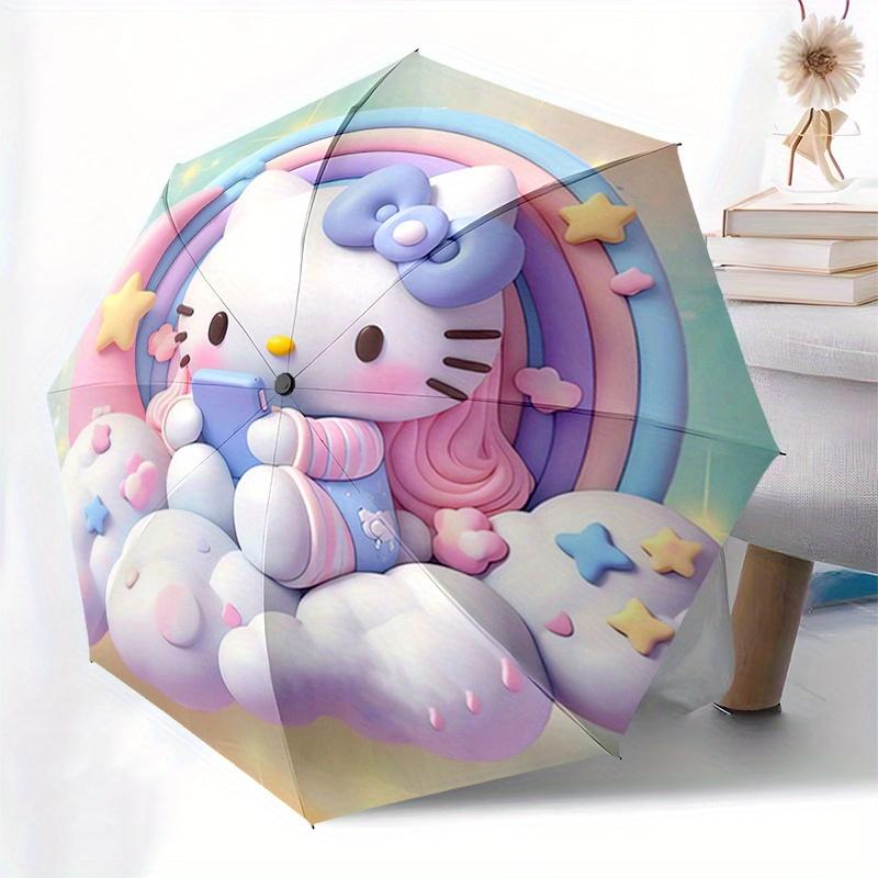 Hello Kitty,Pastel Rainbow Automatic Folding Umbrella-Simple 8-Rib Design, Bright Cartoon Pattern, Durable Iron Frame, Suitable For Travel,