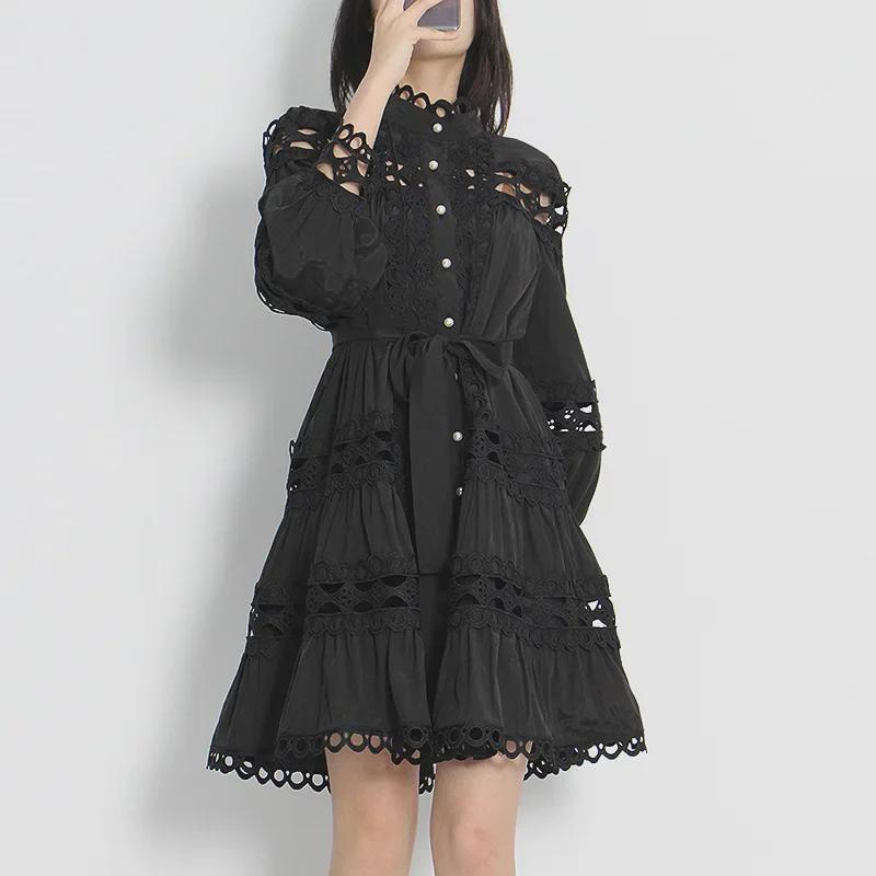 Elegancka Spódnica A-Line Jednokolorowa 2025: Modna sukienka damska z kołnierzykiem stojącym i wycięciami w talii