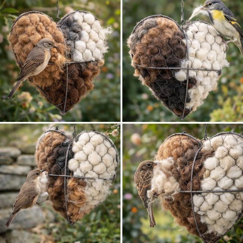 2PCS Refillable Bird House Fiber Fillers In Heart Style Metal Hangers For Lawn And Garden