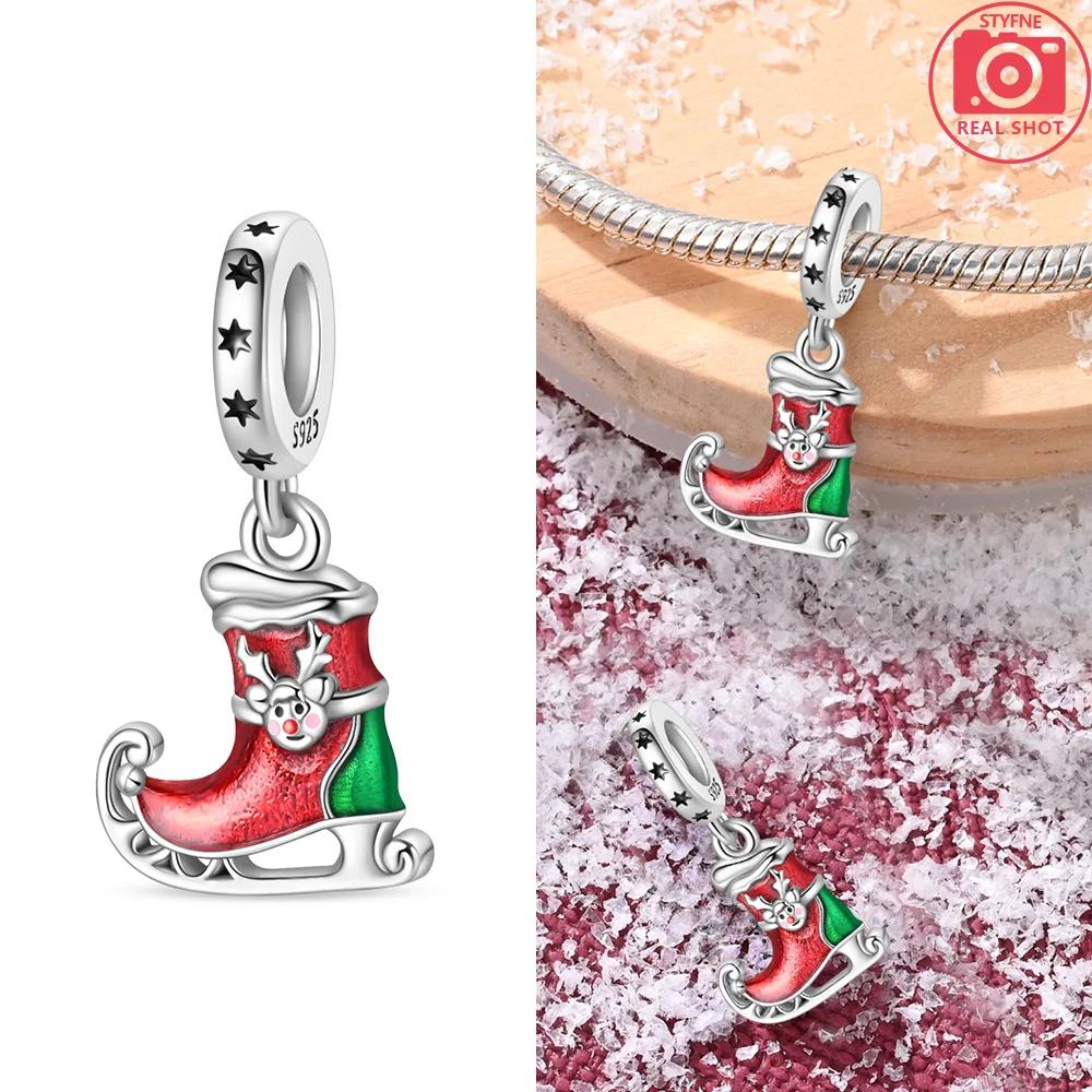 Charms Original Christmas Tree Snowman Red Gift Snowflake Beads Fit Bracelet Copper Jewelry Women Diy Necklace