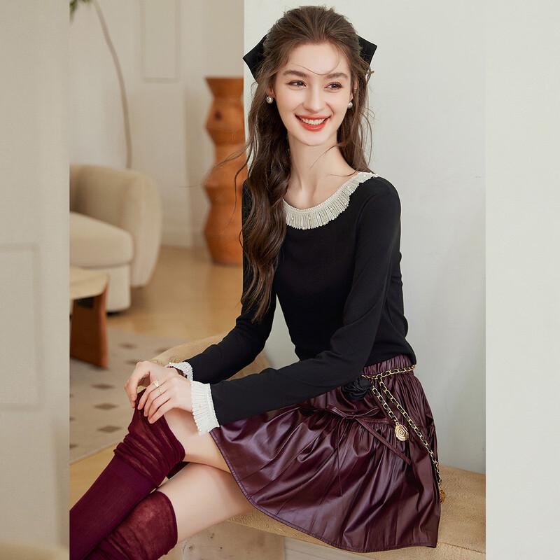 French Elegant Pleated Lace Long Sleeve T-Shirt
