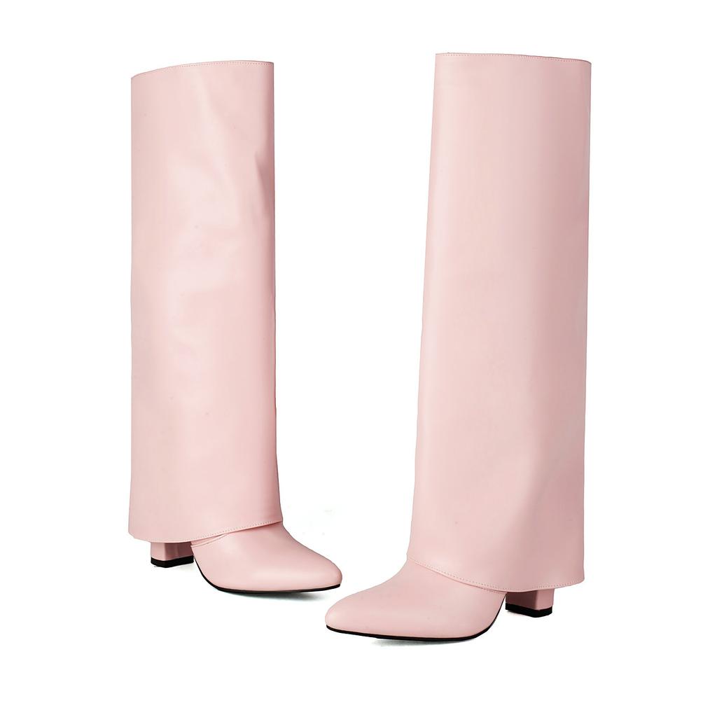 French Concise 9.5cm Heels Folding Boots Women's Knee High Boots Comfy Soft PU Sung Fit Autumn Winter Shoes