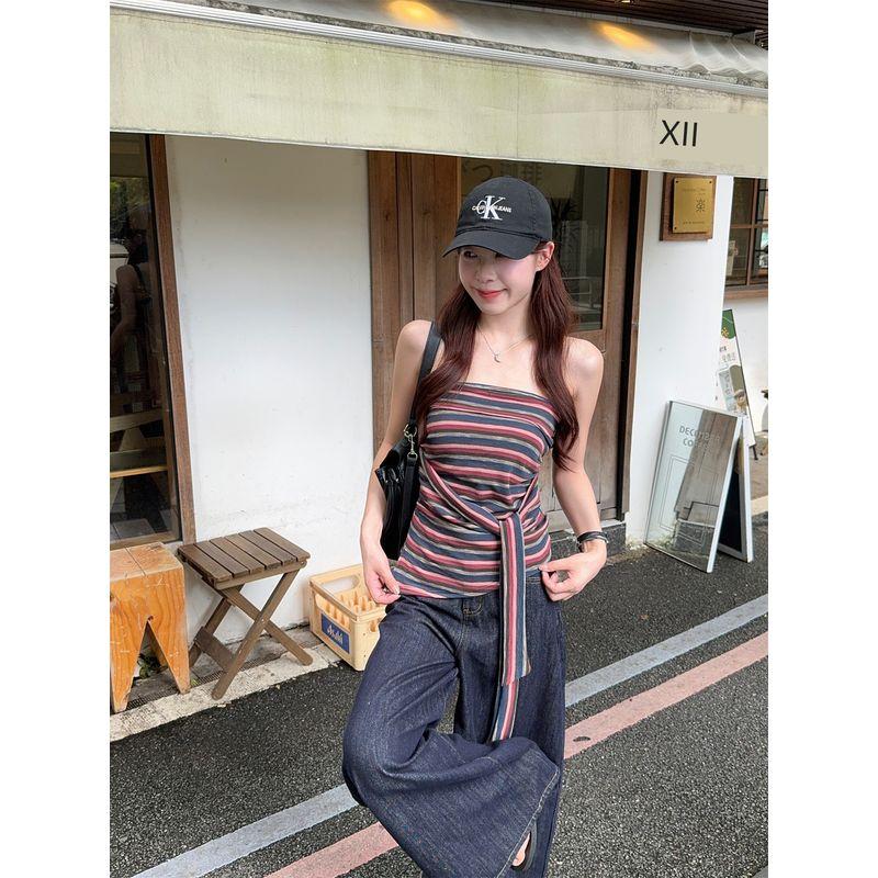 Kumikumi American vintage Gyaru Stripe Strap Tube Top Vest Women clothes Summer Chic Age-Reducing Slimming Top