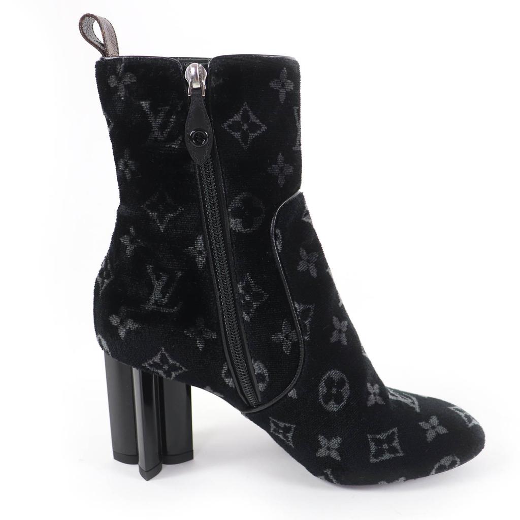 Excellent LOUIS VUITTON short boots Silhouette Line Monogram Velour black 37.5 Used