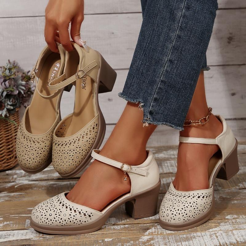 Fashion New Ankle Strap High Heels Sandals for Women Summer Hollow Out Breathable Pumps Woman Comfortable Chunky Heeled Mary Jane Shoes
